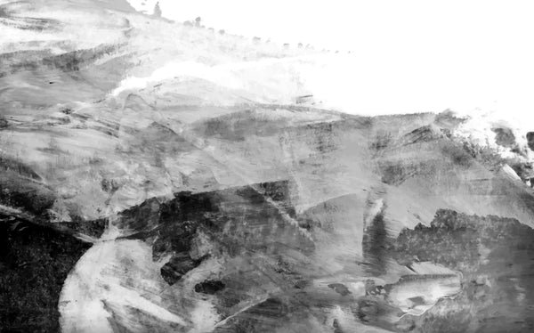 Papel tapiz mural abstracto con textura artística de pinceladas en tonos gris, negro y blanco para pared moderna.