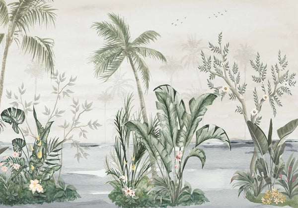 Papel tapiz mural Selma con diseño de palmeras y follaje tropical en acuarela verde y fondo gris