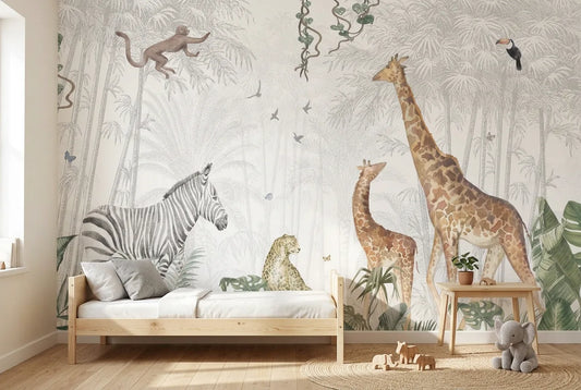 Papel tapiz Selva Bambú instalado en una habitación infantil