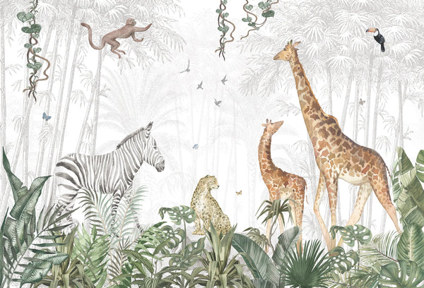 Papel tapiz mural safari infantil con jirafas, cebra y animales de la selva en acuarela suave