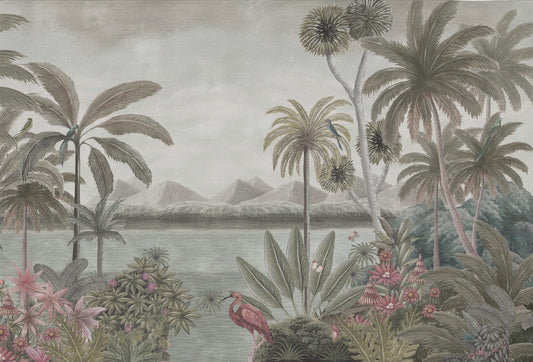 Papel tapiz mural con paisaje botánico vintage de palmeras, lago y ave en tonos verde salvia y rosa.
