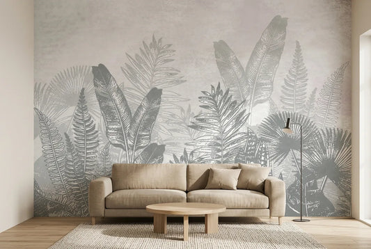 Papel tapiz Selva Ceniza instalado en una sala de estar minimalista