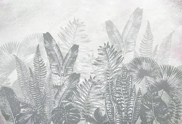 Papel tapiz con ilustración botánica de hojas tropicales y helechos en grabado gris sobre fondo claro.