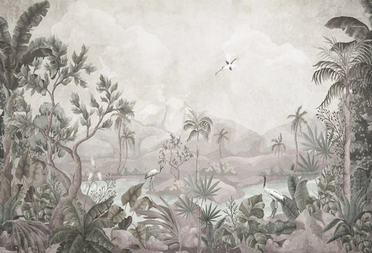 Papel tapiz mural con paisaje tropical en tonos neutros beige y garzas entre palmeras