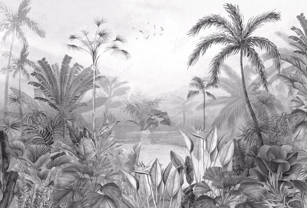 Papel tapiz mural botánico con palmeras y follaje tropical en escala de grises y fondo brumoso.