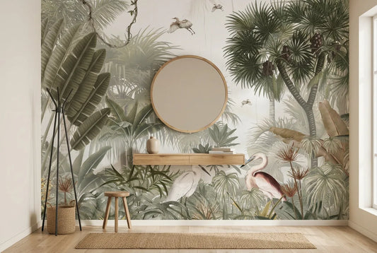 Papel tapiz Selva Iguazú instalado en un recibidor de estilo nórdico