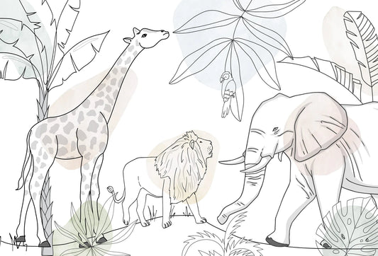 Papel tapiz mural infantil con dibujo lineal de jirafa, león y elefante en tonos neutros y fondo blanco.