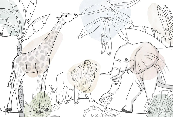 Papel tapiz mural infantil con dibujo lineal de jirafa, león y elefante en tonos neutros y fondo blanco.