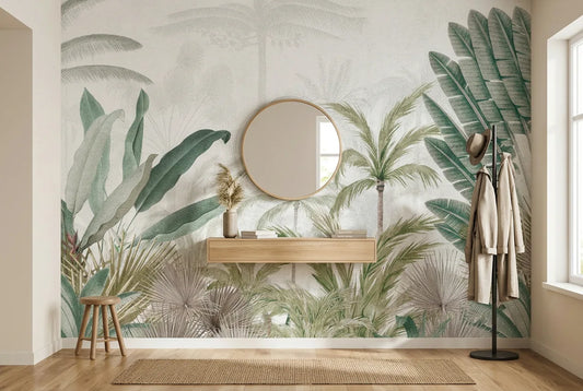 Papel tapiz Selva Lombok instalado en un recibidor de estilo nórdico