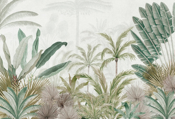 Papel tapiz mural con follaje tropical, palmeras y hojas de banano en tonos verde salvia y neutros.