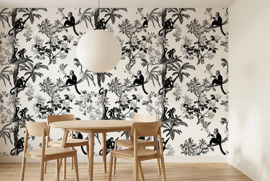 Papel tapiz Selva Monos instalado en un comedor luminoso