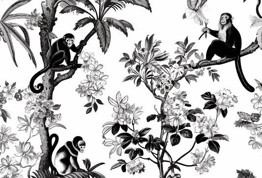 Papel tapiz con diseño botánico de monos en ramas de árboles en blanco y negro estilo grabado
