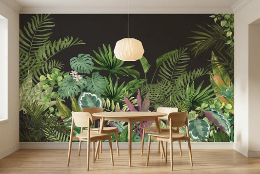 Papel tapiz Selva Nocturna instalado en un comedor luminoso