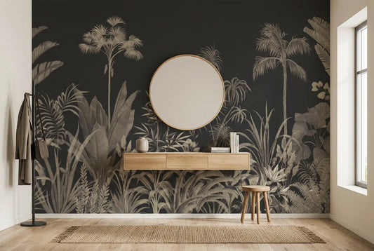 Papel tapiz Selva Nocturna Nature instalado en un recibidor de estilo nórdico
