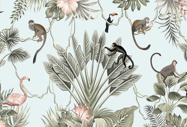 Papel tapiz con diseño safari de monos, flamenco, tucán y hojas tropicales sobre fondo celeste pastel.