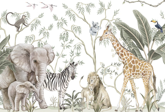Papel tapiz mural infantil con tiernos animales de la selva como jirafa, elefantes y leones en tonos verde y tierra.