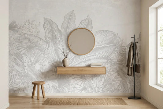 Papel tapiz Selva Serena instalado en un recibidor de estilo nórdico