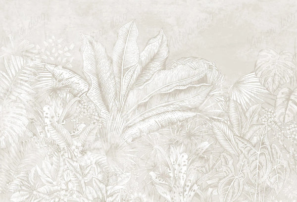 Papel tapiz mural con diseño botánico estilo grabado vintage en tonos beige y crema con palmeras y hojas tropicales.