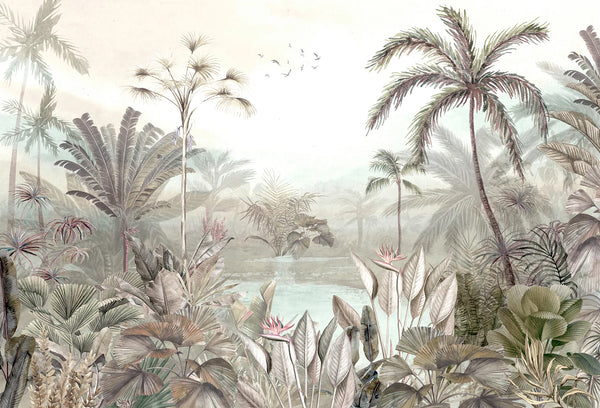 Papel tapiz mural con paisaje tropical de palmeras, aves y tonos verdes desaturados