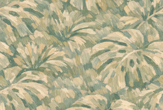 Papel tapiz con diseño botánico de hojas tropicales y monstera en técnica de pincelada óleo verde salvia y crema.