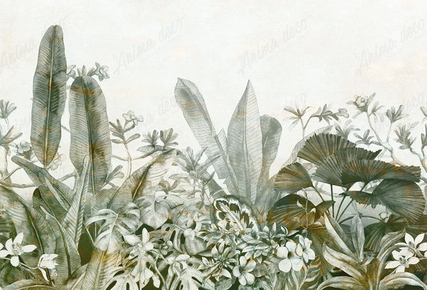 Papel tapiz mural con follaje tropical de bananeros, palmeras y flores blancas en tonos verde oliva y beige