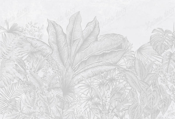 Papel tapiz botánico con ilustración de hojas tropicales en tonos gris claro y blanco