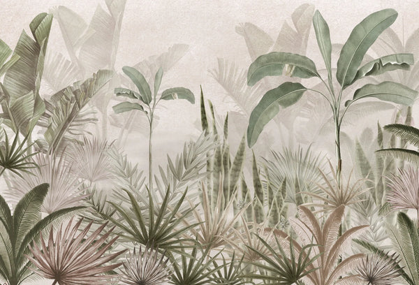 Papel tapiz mural botánico Selva Sumatra con palmeras y follaje tropical en tonos verde salvia y beige.