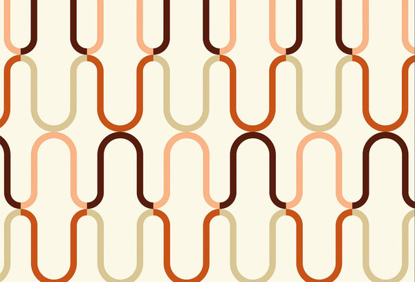 Papel tapiz de patrón geométrico retro con ondas continuas en tonos terracota, marrón, crema y arena.