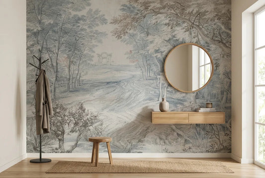 Papel tapiz Sendero Clásico instalado en un recibidor de estilo nórdico