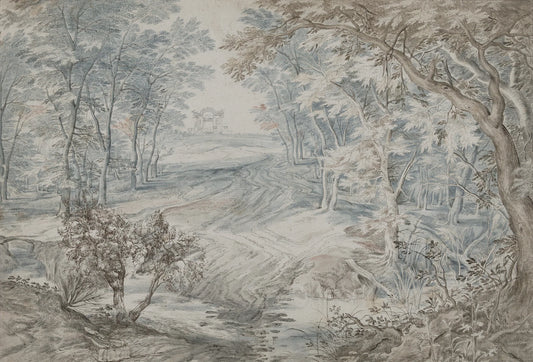 Papel tapiz mural con paisaje clásico de bosque dibujado en tonos gris, sepia y ruinas de fondo