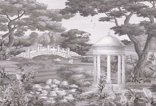 Papel tapiz con diseño de paisaje clásico Toile de Jouy en tonos grises con un gazebo, puente de piedra y cisnes.