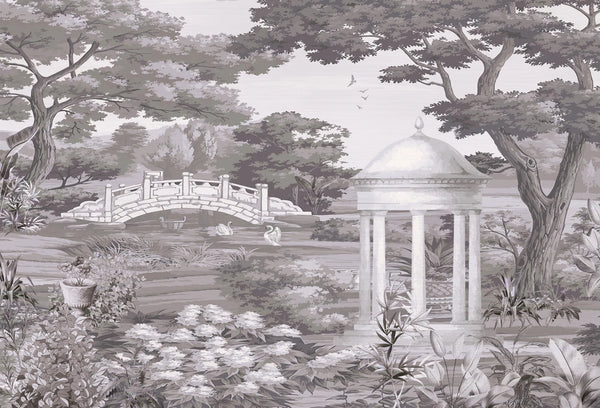 Papel tapiz con diseño de paisaje clásico Toile de Jouy en tonos grises con un gazebo, puente de piedra y cisnes.
