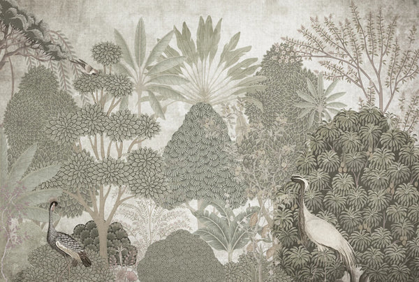 Papel tapiz mural con paisaje botánico vintage de árboles verdes y grullas sobre fondo beige