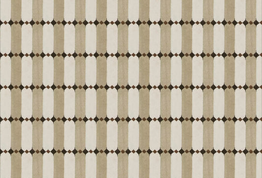 Papel tapiz con diseño geométrico vertical de columnas en beige y crema con detalles de rombos oscuros.