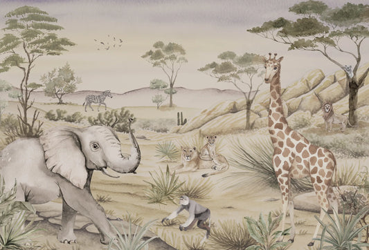 Papel tapiz mural infantil en acuarela con jirafa, elefante y leones en la sabana en tonos beige y verde.