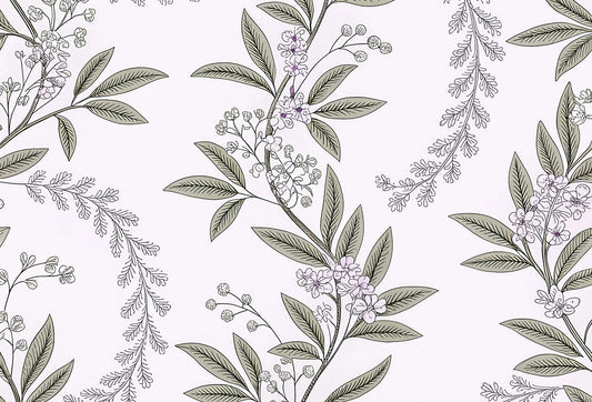 Papel tapiz con diseño botánico de ramas en verde salvia y flores lilas sobre fondo blanco