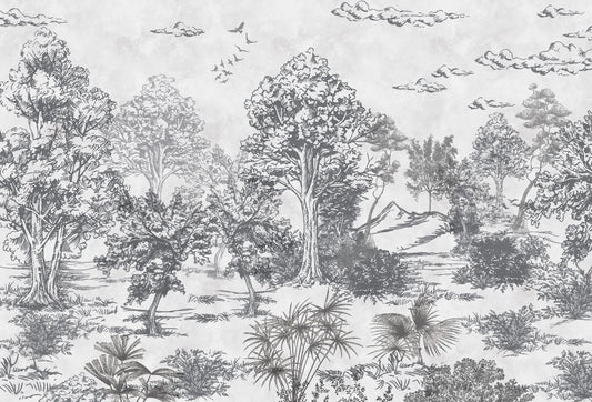 Papel tapiz mural con ilustración de bosque en grabado a mano, árboles y aves en tonos grises sobre blanco.