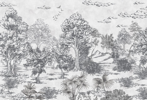 Papel tapiz mural con ilustración de bosque en grabado a mano, árboles y aves en tonos grises sobre blanco.