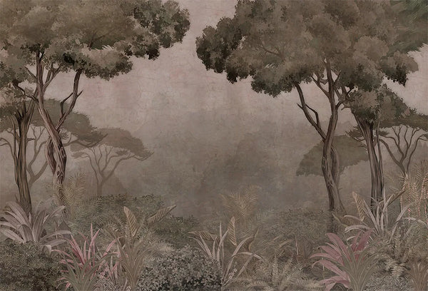 Papel tapiz mural con paisaje de árboles y vegetación selvática en tonos sepia y gris vintage