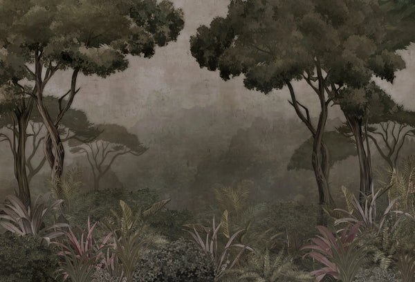 Papel tapiz mural con paisaje brumoso de árboles tropicales y vegetación en tonos tierra y verde oliva.
