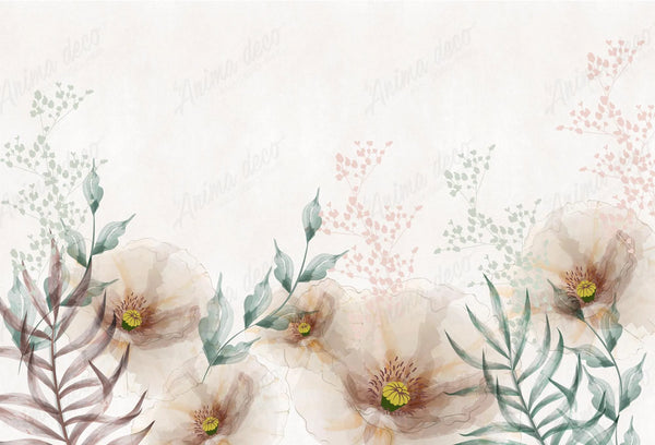 Papel tapiz con flores y amapolas en acuarela en tonos beige, crema y ramas verde salvia para pared