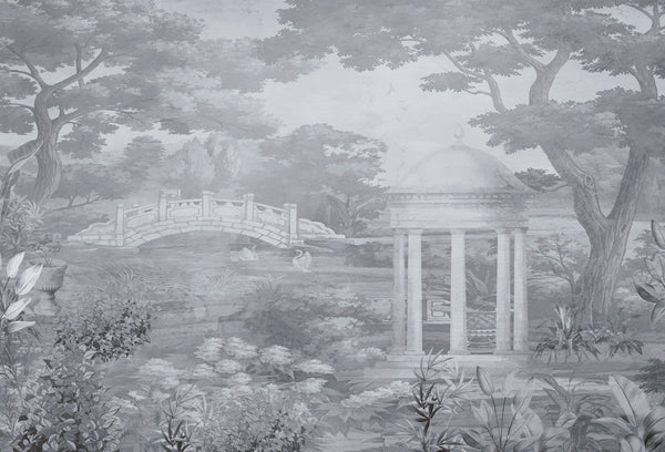 Papel tapiz mural con paisaje clásico en tonos grises, glorieta con columnas, puente y jardín botánico.