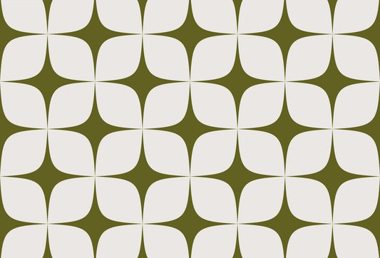 Papel tapiz con patrón geométrico retro de estrellas en verde oliva y blanco hueso.