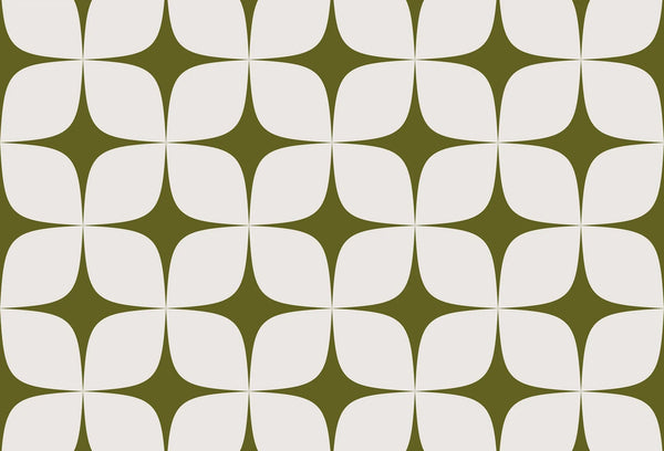 Papel tapiz con patrón geométrico retro de estrellas en verde oliva y blanco hueso.