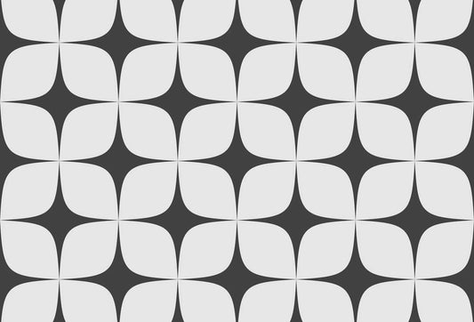 Papel tapiz con patrón geométrico retro de estrellas curvas de cuatro puntas en blanco y negro.