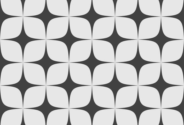 Papel tapiz con patrón geométrico retro de estrellas curvas de cuatro puntas en blanco y negro.
