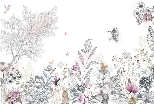Papel tapiz mural infantil con flores silvestres, ramas, conejitos y detalles en rosa pastel