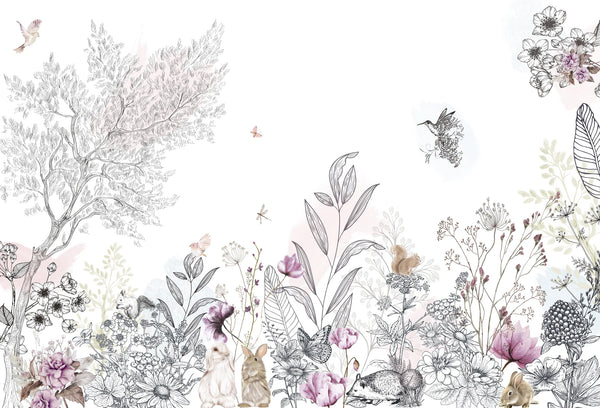 Papel tapiz mural infantil con flores silvestres, ramas, conejitos y detalles en rosa pastel