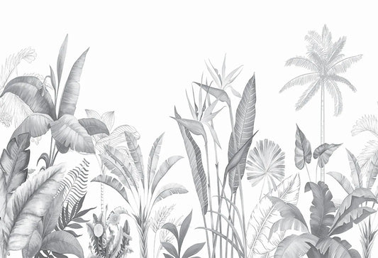 Papel tapiz mural con follaje tropical de palmeras y flores exóticas en tonos gris y blanco.