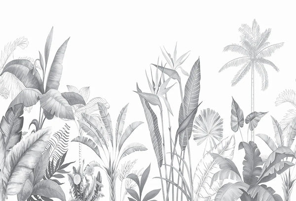 Papel tapiz mural con follaje tropical de palmeras y flores exóticas en tonos gris y blanco.